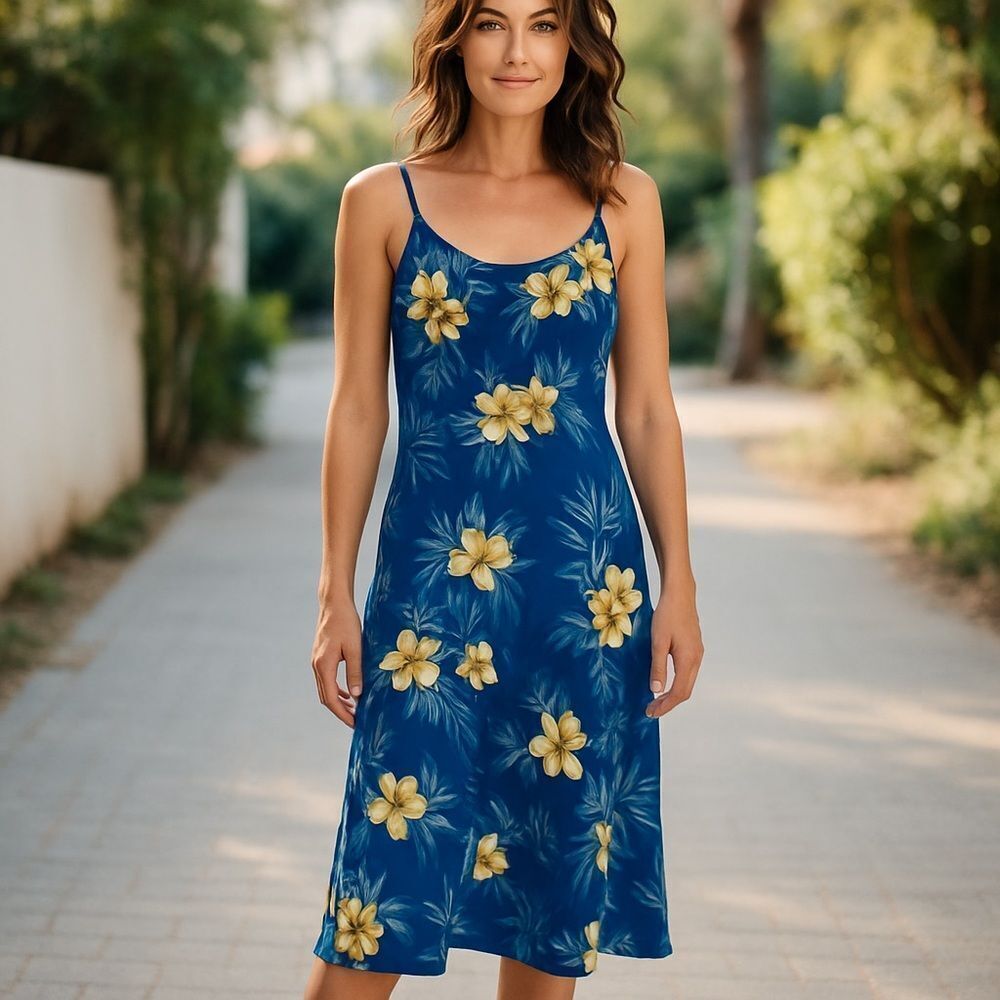 Two Palms Vintage Hawaiian Midi Dress Blue & Cream Tropical Floral Size Small